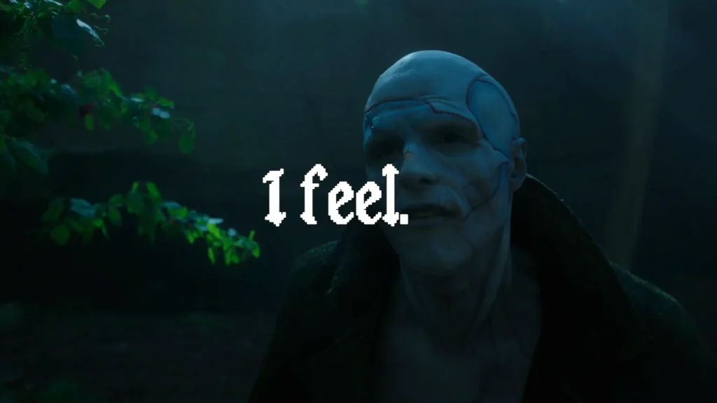 Cover image showing Jacob Elordi as Frankenstein's monster in Frankenstein (2025) with text "I feel." overlayed.