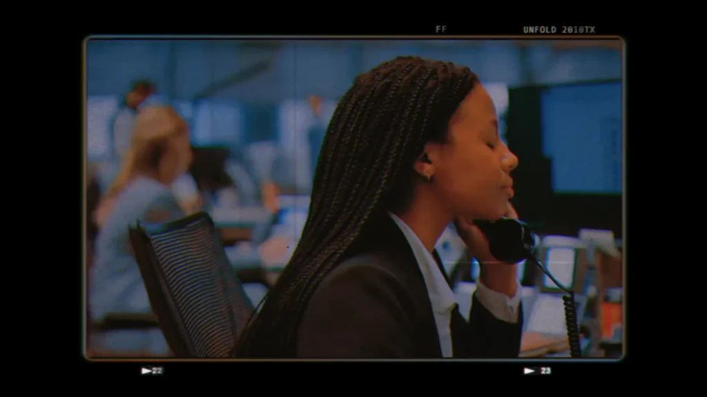 Harper Stern talking on the phone from the show Industry on HBO.