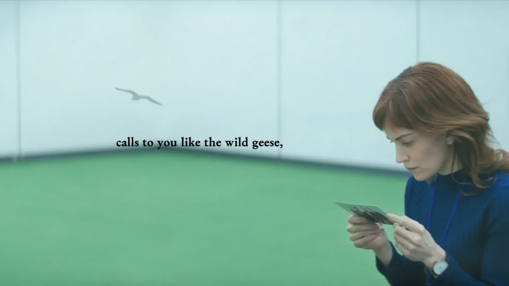 Helly Riggs from Severance with an image of a bird superimposed.