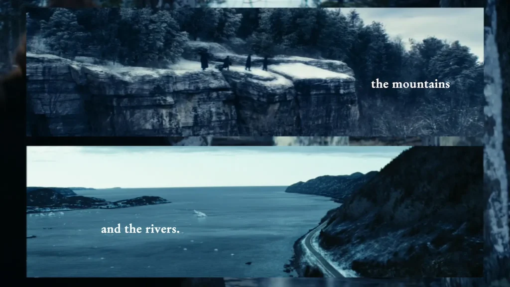 Superimposed images of mountains and bodies of water from the TV show Severance.