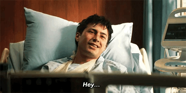 Shane Hollander saying "hey" while on a hospital bed.">gif by leclercari on tumblr