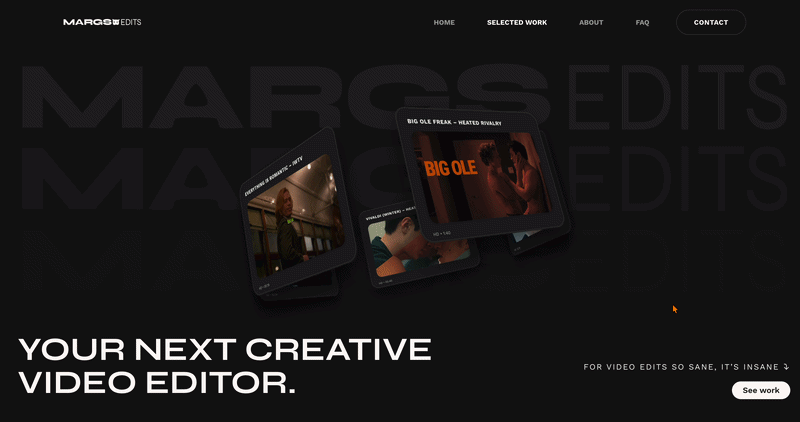 Homepage of Margs @sosaneitsinsane's portfolio website with "Your next creative video editor" written