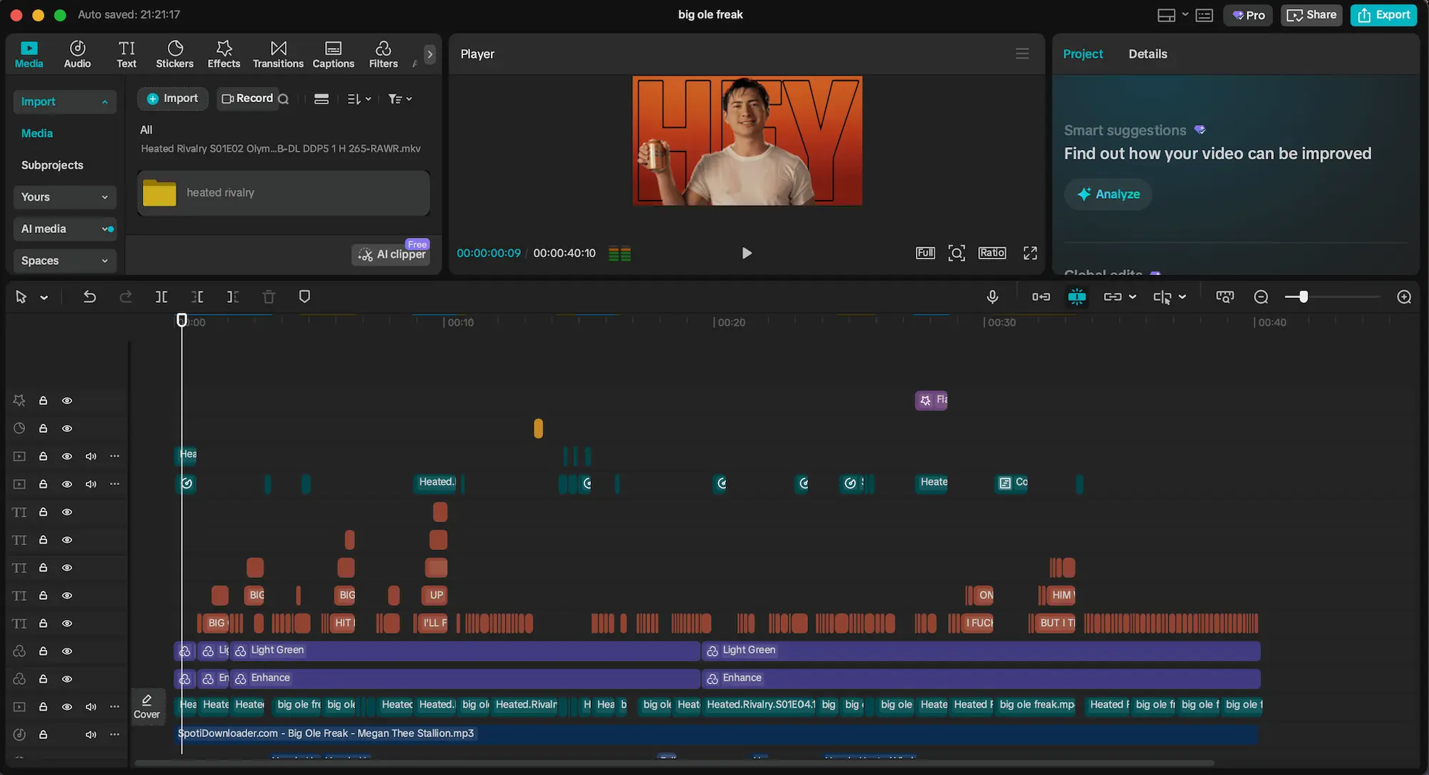 CapCut editing interface showing a multi-layer timeline for the “Big Ole Freak” fan edit, with text overlays, video clips, and audio tracks arranged across the sequence.
