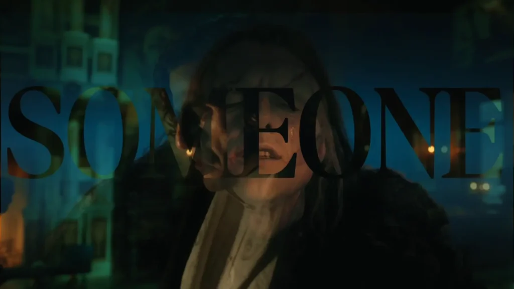 Dramatic scene from Frankenstein with large typography reading “SOMEONE” overlaying the character’s face in a gothic video edit.
