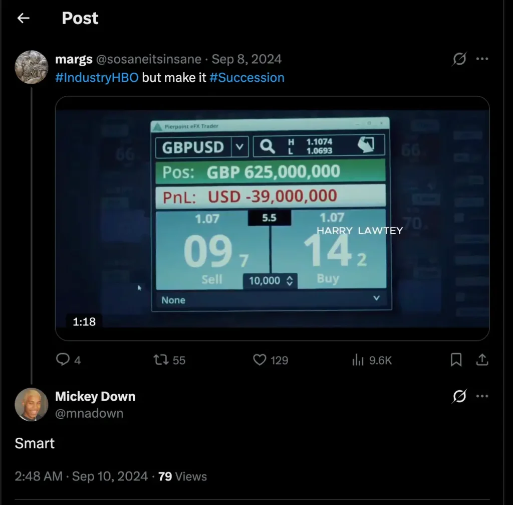 Screenshot of a tweet by @sosaneitsinsane sharing a video edit titled “Industry HBO but make it Succession,” with engagement metrics and a reply praising the edit.