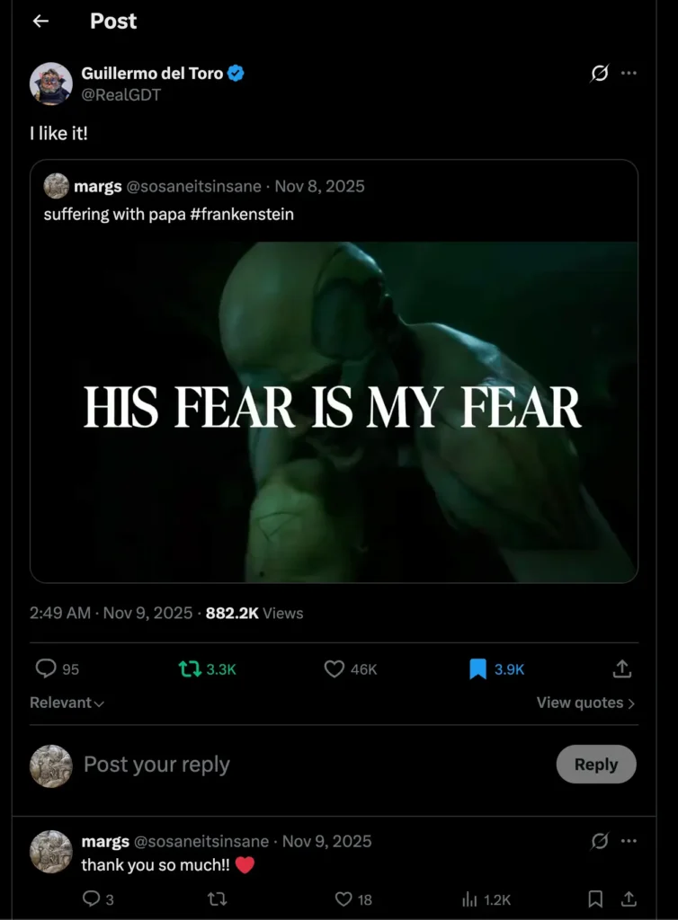 Guillermo del Toro responds to the Frankenstein edit by sosaneitsinsane