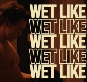 Ilya Rozanov (Heated Rivalry) shirtless with text reading WET LIKE overlayed